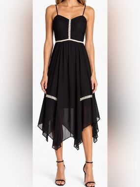 Parker Black Silk Ruched Handkerchief Hem Dress Crochet Trim L